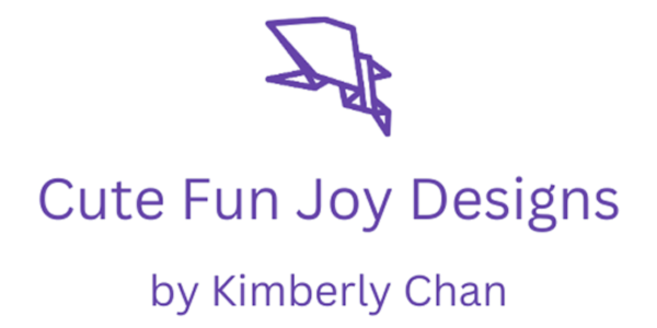 Logo of origami frog outline, followed by texts Cute Fun Joy Designs by Kimberly Chan