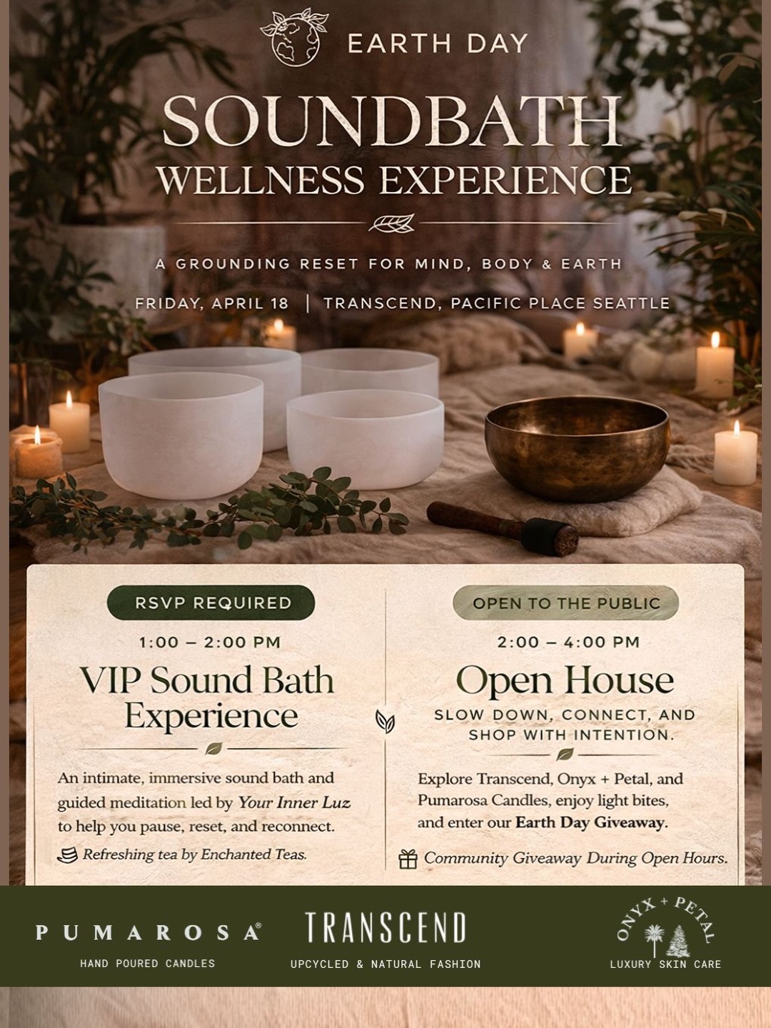 Earth Day sound bath event poster featuring crystal singing bowls and a brass bowl surrounded by lit candles and greenery.